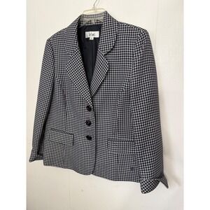 Le Suit Womens Blazer Jacket Size 16 Navy Blue White Geometric 3 Button Lined
